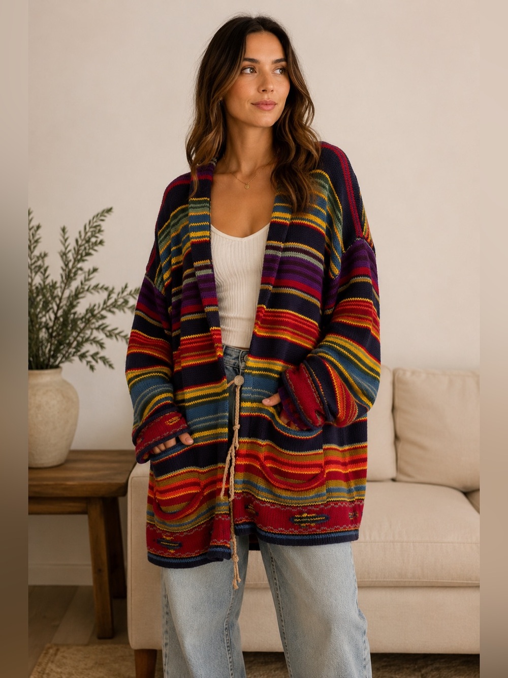 Bloomingdale’s Multicolor Striped Cotton Oversized Southwestern Cardigan M
